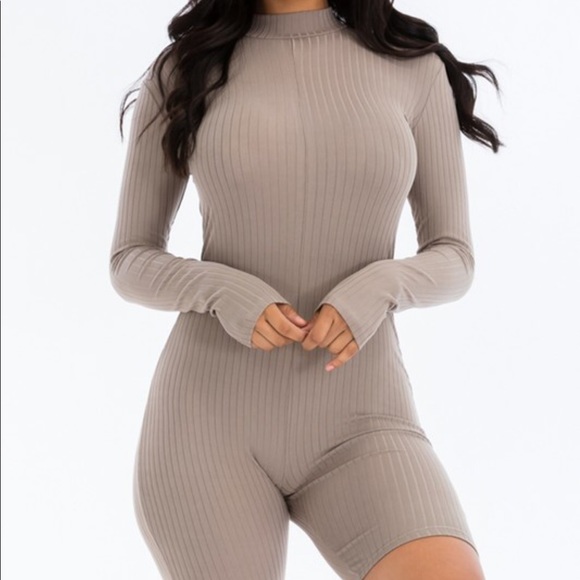 Taupe Ribbed Mock Neck Romper - Picture 2 of 5